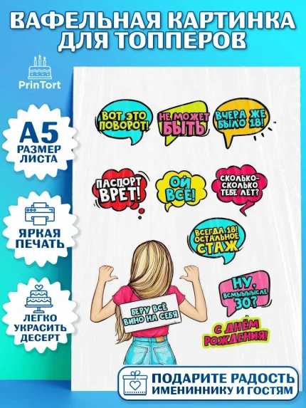 Топперы тонкая вафля, Поп арт, Девочка, День рождения, арт. PT0100560