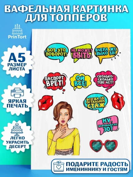 Топперы тонкая вафля, Поп арт, Девочка, День рождения, арт. PT0100563