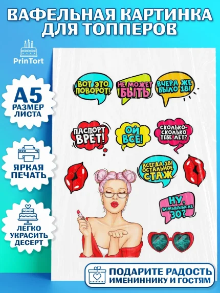 Топперы тонкая вафля, Поп арт, Девочка, День рождения, арт. PT0100564