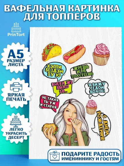 Топперы тонкая вафля, Поп арт, Девочка, День рождения, арт. PT0100568
