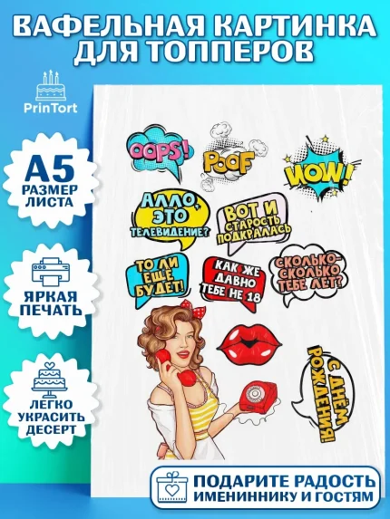 Топперы тонкая вафля, Поп арт, Девочка, День рождения, арт. PT0100571