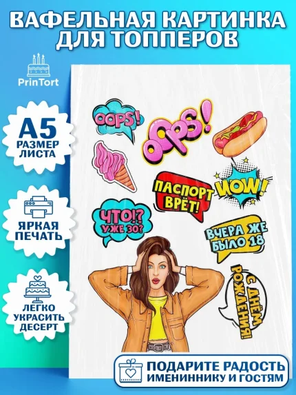 Топперы тонкая вафля, Поп арт, Девочка, День рождения, арт. PT0100573
