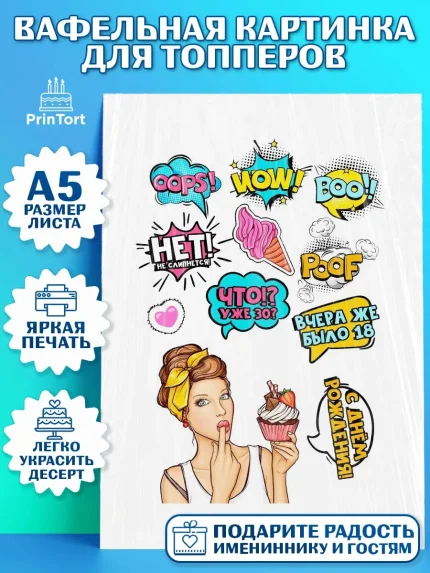 Топперы тонкая вафля, Поп арт, Девочка, День рождения, арт. PT0100574