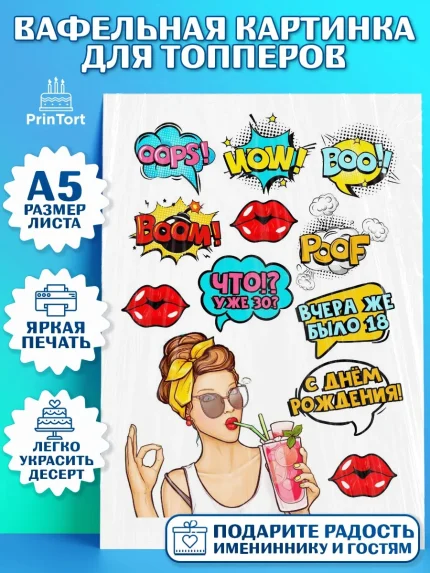 Топперы тонкая вафля, Поп арт, Девочка, День рождения, арт. PT0100575