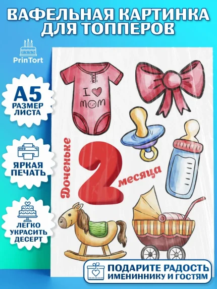Топперы тонкая вафля, Девочке 2 мес, Девочка, 2 месяца, День рождения, арт. PT0107489