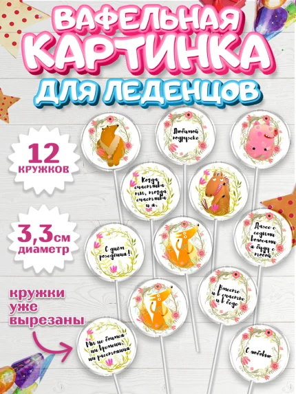 Вафельная картинка для леденцов 3,5см, Девушке, Девочка, День рождения, арт. PL100297