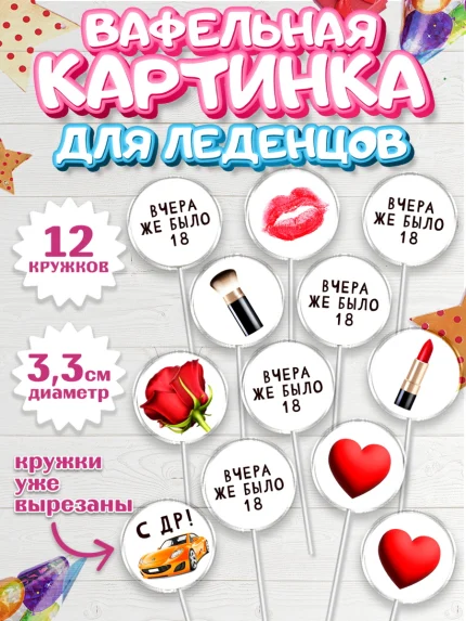 Вафельная картинка для леденцов 3,5см, Девушке, Вчера же было 18, Девочка, День рождения, арт. PL110611