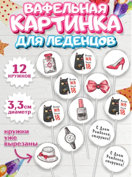 Вафельная картинка для леденцов 3,5см, Девушке, Вчера же было 18, Девочка, День рождения, арт. PL110619