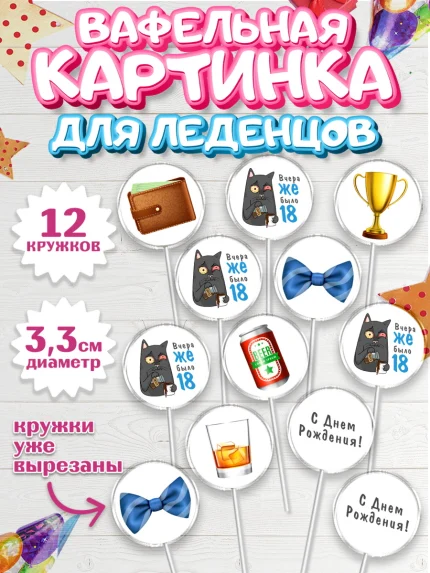Вафельная картинка для леденцов 3,5см, Девушке, Вчера же было 18, Девочка, День рождения, арт. PL110636