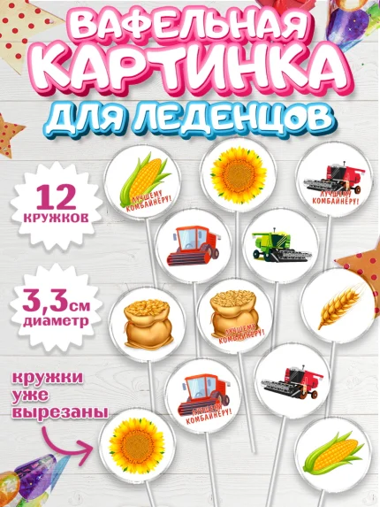 Вафельная картинка для леденцов 3,5см, Комбайнер, Девочка, День рождения, арт. PL113366