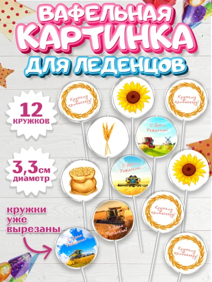 Вафельная картинка для леденцов 3,5см, Комбайнер, Девочка, День рождения, арт. PL113373