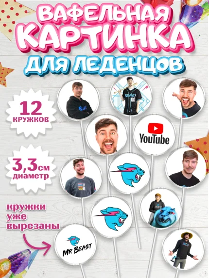 Вафельная картинка для леденцов 3,5см, Мистер Бист, mister beast, ютуб, youtube, Девочка, арт. PL117018