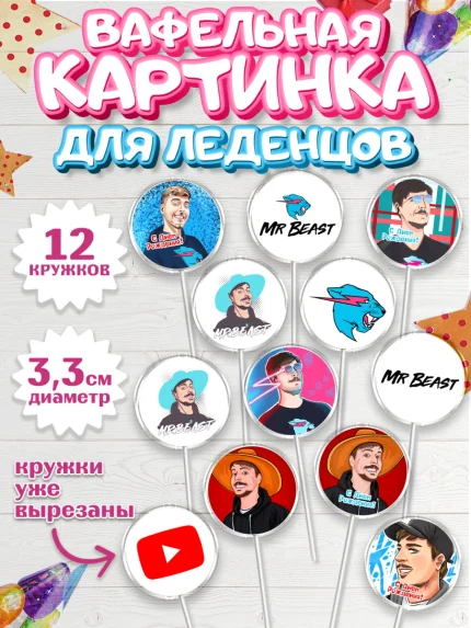 Вафельная картинка для леденцов 3,5см, Мистер Бист, mister beast, ютуб, youtube, Девочка, арт. PL117021