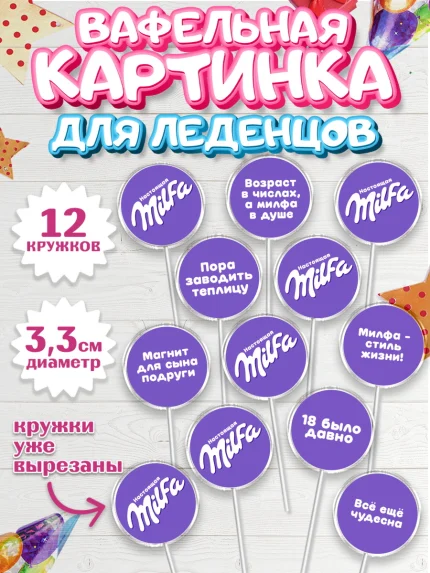 Вафельная картинка для леденцов 3,5см, Милфа, Milfa, Девочка, День рождения, арт. PL119129