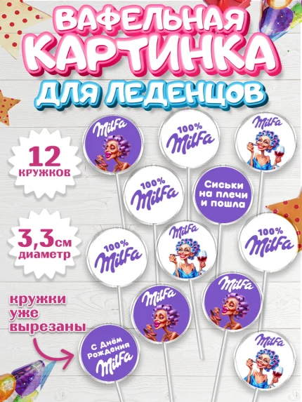 Вафельная картинка для леденцов 3,5см, Милфа, Milfa, Девочка, День рождения, арт. PL119132
