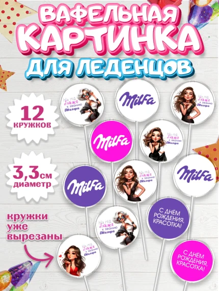 Вафельная картинка для леденцов 3,5см, Милфа, Milfa, Девочка, День рождения, арт. PL119135