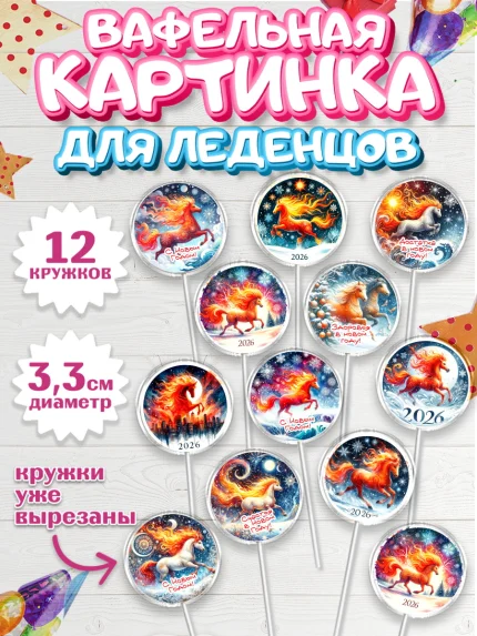 Вафельная картинка для леденцов 3,5см, Год лошади 2026, Новый год, 2026, лошадь, лошадка, Ёлка, арт. PL121315
