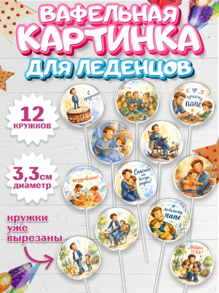Вафельная картинка для леденцов 3,5см, Поздравление папе, арт. PL123381