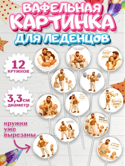 Вафельная картинка для леденцов 3,5см, Поздравление папе, арт. PL123382