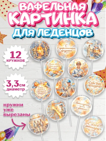 Вафельная картинка для леденцов 3,5см, День Металлурга, Поздравление с Днём Металлурга, Девушка, арт. PL123603