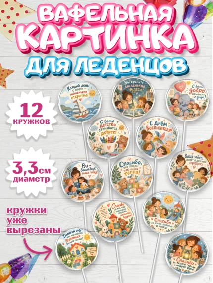 Вафельная картинка для леденцов 3,5см, День Воспитателя, Мальчик, арт. PL127415