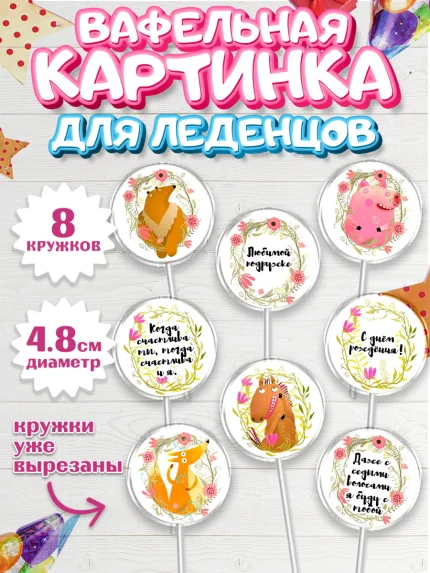 Вафельная картинка для леденцов 4,5см, Девушке, Девочка, День рождения, арт. PL200297_1
