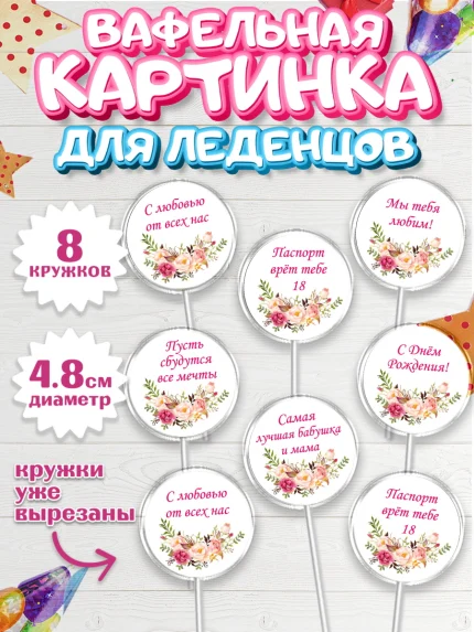 Вафельная картинка для леденцов 4,5см, Бабушка, Девушка, День рождения, арт. PL200548_1