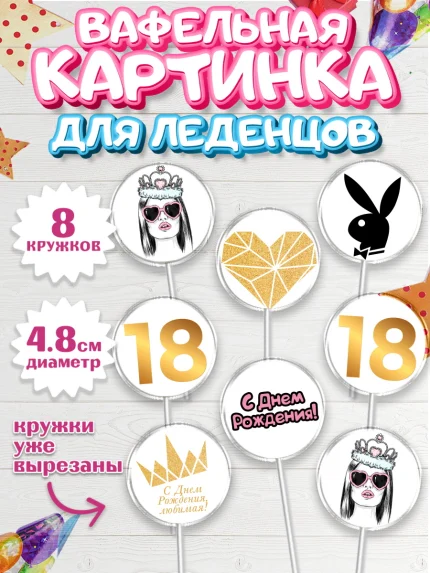 Вафельная картинка для леденцов 4,5см, Девушке 18 лет, Девушка, 18 лет, День рождения, арт. PL205712_1