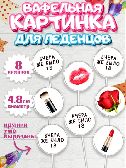 Вафельная картинка для леденцов 4,5см, Девушке, Вчера же было 18, Девочка, День рождения, арт. PL210611_1