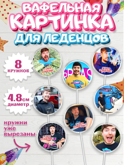 Вафельная картинка для леденцов 4,5см, Мистер Бист, mister beast, ютуб, youtube, Девочка, арт. PL217015_1