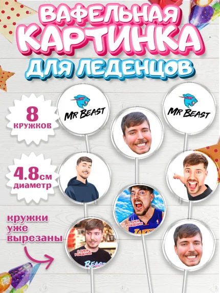 Вафельная картинка для леденцов 4,5см, Мистер Бист, mister beast, ютуб, youtube, Девочка, арт. PL217024_1