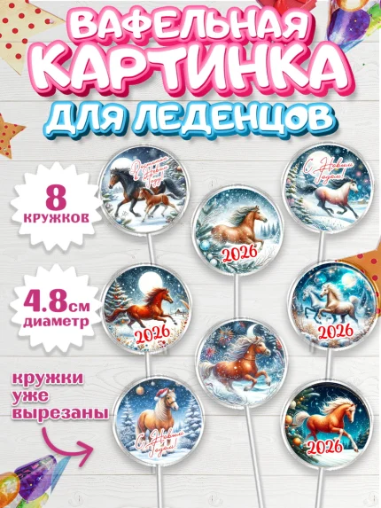 Вафельная картинка для леденцов 4,5см, Год лошади 2026, Новый год, 2026, лошадь, лошадка, Ёлка, арт. PL221312_1