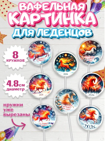 Вафельная картинка для леденцов 4,5см, Год лошади 2026, Новый год, 2026, лошадь, лошадка, Ёлка, арт. PL221315_1