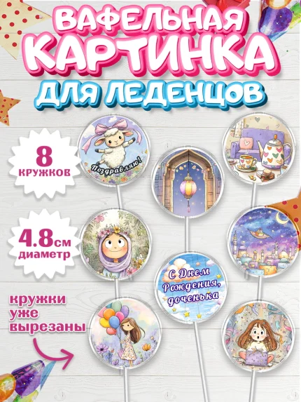 Вафельная картинка для леденцов 4,5см, День рождения, Девочка, арт. PL222714_1