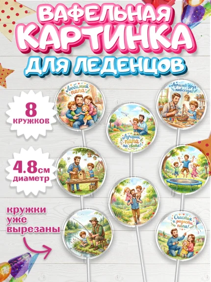 Вафельная картинка для леденцов 4,5см, Поздравление папе, арт. PL223401_1