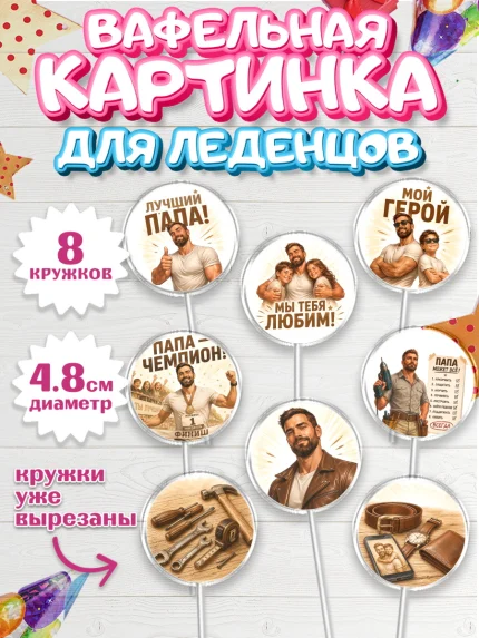 Вафельная картинка для леденцов 4,5см, Поздравление папе, арт. PL223416_1