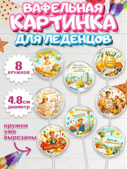 Вафельная картинка для леденцов 4,5см, день строителя, Поздравление с днём строителя, Девушка, арт. PL223673_1
