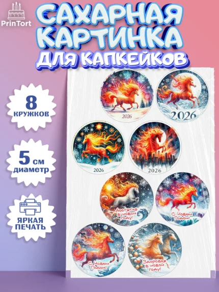 Сахарные капкейки, Год лошади 2026, Новый год, 2026, лошадь, лошадка, Ёлка, дед Мороз, год лошади, арт. PT0221315_1