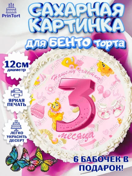 Сахарные круги 12см PT05, Девочке 3 мес, Девочка, 3 месяца, День рождения, арт. PT0507510