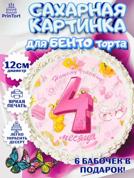 Сахарные круги 12см PT05, Девочке 4 мес, Девочка, 4 месяца, День рождения, арт. PT0507530