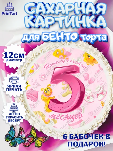 Сахарные круги 12см PT05, Девочке 5 мес, Девочка, 5 месяцев, День рождения, арт. PT0507550