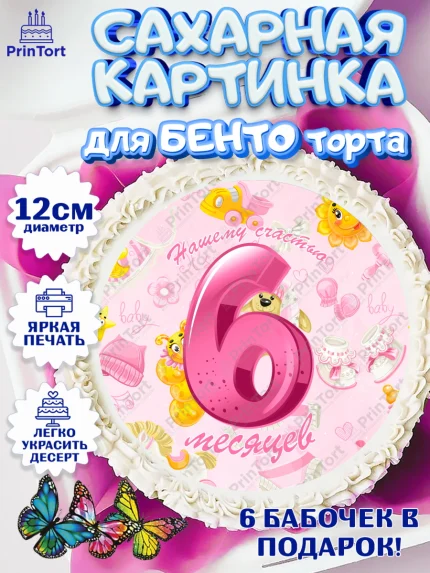 Сахарные круги 12см PT05, Девочке 6 мес, Девочка, 6 месяцев, День рождения, арт. PT0507570