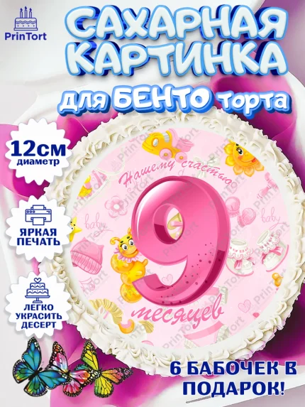 Сахарные круги 12см PT05, Девочке 9 мес, Девочка, 9 месяцев, День рождения, арт. PT0507630
