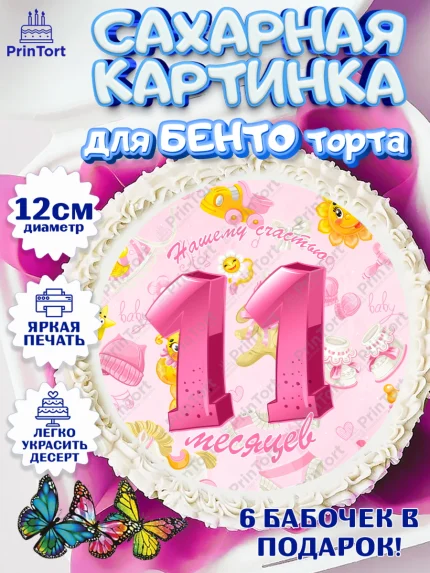 Сахарные круги 12см PT05, Девочке 11 мес, Девочка, 11 месяцев, День рождения, арт. PT0507670