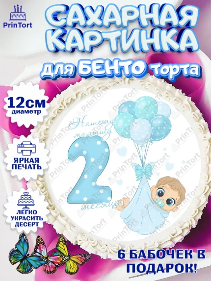 Сахарные круги 12см PT05, Мальчику 2 месяца, Мальчик, 2 месяца, День рождения, арт. PT0507998
