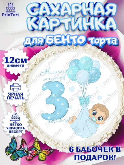 Сахарные круги 12см PT05, Мальчику 3 месяца, Мальчик, 3 месяца, День рождения, арт. PT0508018