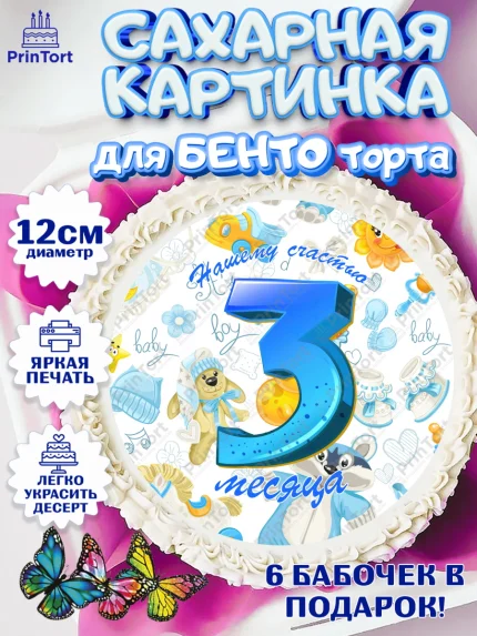 Сахарные круги 12см PT05, Мальчику 3 месяца, Мальчик, 3 месяца, День рождения, арт. PT0508022