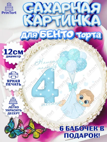 Сахарные круги 12см PT05, Мальчику 4 месяца, Мальчик, 4 месяца, День рождения, арт. PT0508038