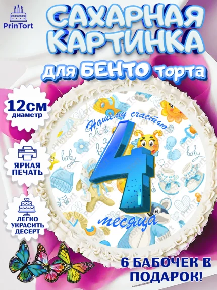 Сахарные круги 12см PT05, Мальчику 4 месяца, Мальчик, 4 месяца, День рождения, арт. PT0508042