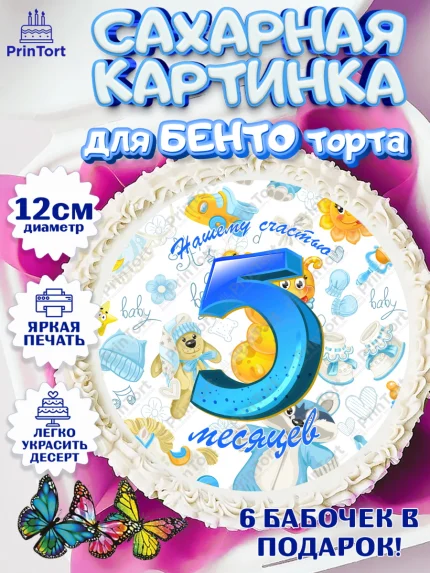Сахарные круги 12см PT05, Мальчику 5 месяцев, Мальчик, 5 месяцев, День рождения, арт. PT0508062